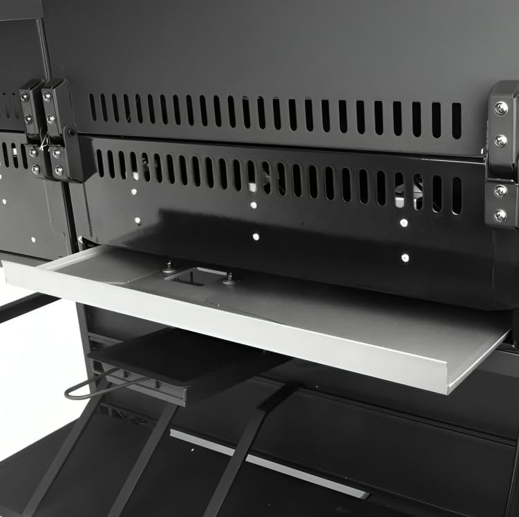 Close-up of the grill's control panel with five burner knobs and a temperature gauge on the lid.