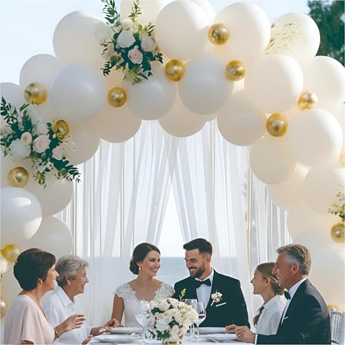Image of White and Golden Balloon Garland Kit, 51 Pieces with White Net Curtain, Decoration for Birthday, Wedding, Anniversary, Engagement Party Decoration