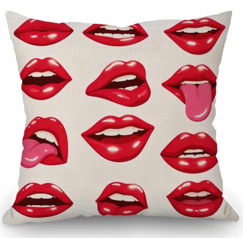 SSOIU Red Lips Throw Pillow Cover,Sexy Woman's Lips Decorative Throw Pillow Covers Cotton Linen Farmhouse Cushion Cover 18x18 Inches for Home Couch Sofa Bench Decor