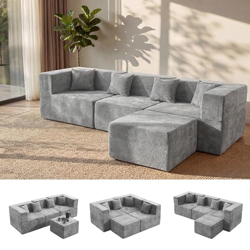 Image of MONVANE 103'' Oversized Boneless Sectional Couches for Living Room, 4-Seat L Shaped Cloud Couch, Modular Sofa with Ottoman & 4 Throw Pillows, Comfy Chenille, No Assembly Required, Light Gray