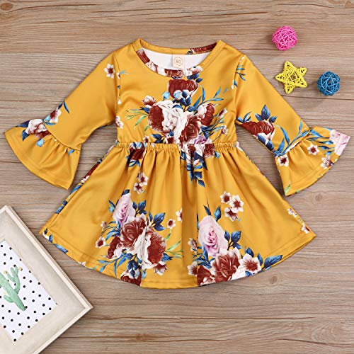 Toddler Infant Baby Girl Dress Floral Ruffle Flare 3/4 Sleeve Yellow Skirt Fall Clothes Set (3-4T, Yellow) #TOP2