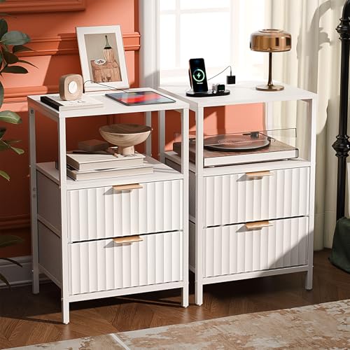 Image of VINGLI White Nightstands Set of 2 with Fabric Drawers, Fluted Nightstand with Charging Station, Night Stand Set 2 White Side Table with Charging Station for Bedroom, Dorm
