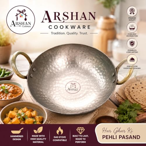Image of Pure Iron Matthar Kadhai | Heavy Duty Hammered Iron Kadai with Strong Handles | Traditional Cooking Wok for Gas Stove | Deep Iron Kadhai for Indian Cooking (9 inch 22 CM 400ML)