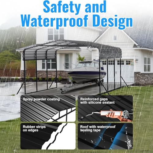 Image of 10x15FT Metal Carport, Heavy Duty Carport with Reinforced Frame & Side Support Poles for All-Weather, Outdoor Car Port Suitable for Parking Pickup, Boat, Car, and Tractor