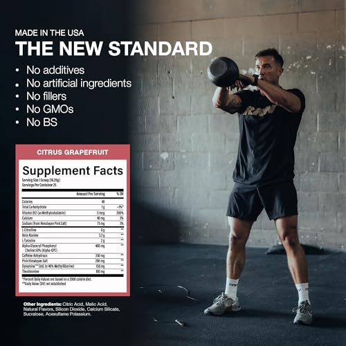 Image of RAW Pre-Workout Powder, Essential CHARGED (Citrus Grapefruit) - Preworkout Supplement for Men, Women - Supports Focus, Mood, Performance - Caffeine, Alpha-GPC, L-Citrulline, Beta Alanine (25 Servings)