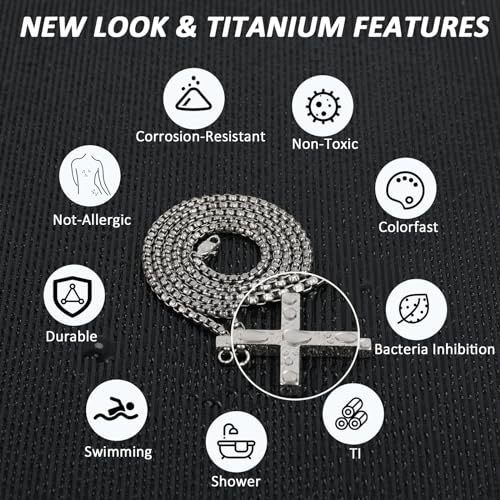 SanThree 3mm Pure Titanium Cross Necklace for Men Women Square Box Rolo Chain, Skin Friendly Solid Round Link Rolo Chain for Birthday Valentines Graduation Gifts，21.65"/23.62“2