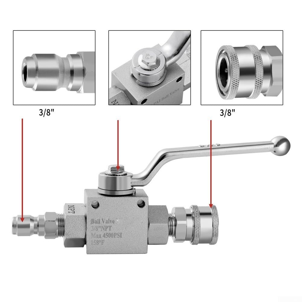 Valvola a sfera ad alta pressione da 4500 PSI, tubo flessibile della valvola di arresto dell'idropulitrice a sgancio rapido 3/8, struttura in acciaio inossidabile (3/8)