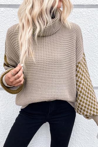 Women's Smoke Gray Striped Plaid Patchwork Waffle Knit Turtleneck Sweater4