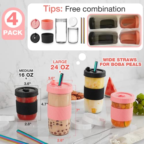 Mfacoy (4 Pack X 2 Size Boba Cup, 24Oz & 16Oz Bubble Tea Cup, Smoothie Cups With Lids And Stainless Straws, Reusable Boba Cup, Wide Mouth Mason Jar Drinking Glasses With Silicone Sleeve For Travel #TOP2