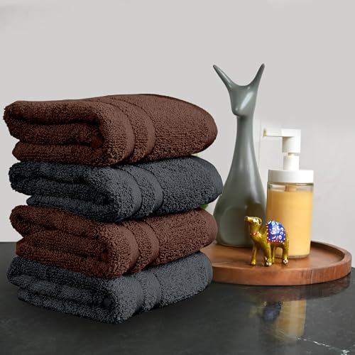 Image of Divine Casa Cotton Hand Towels Pack of 4 Brown & Grey, 550 GSM Ultra Soft & Highly Absorbent Thick Bathroom Towels, 60 x 40 cm