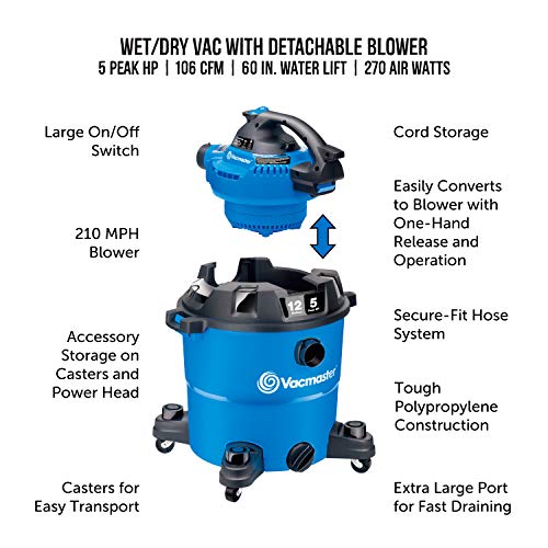 Vacmaster VBV1210, 12-Gallon* 5 Peak HP** Wet/Dry Shop Vacuum with Detachable Blower, Blue - Image 4