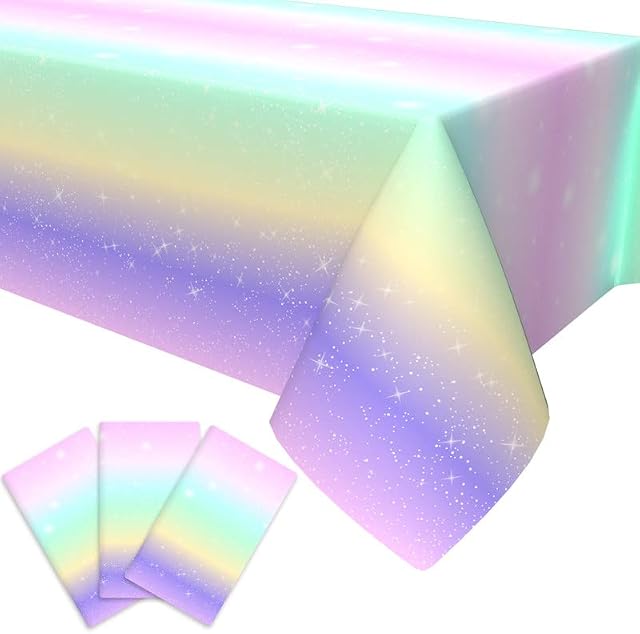 WEALLIN 3 Pieces Party Supplies Table Cover, Unicorn Rainbow Themed Birthday Tablecloth for Girls, Birthday Party Decorations Table Cloth 54 x 108 Inch