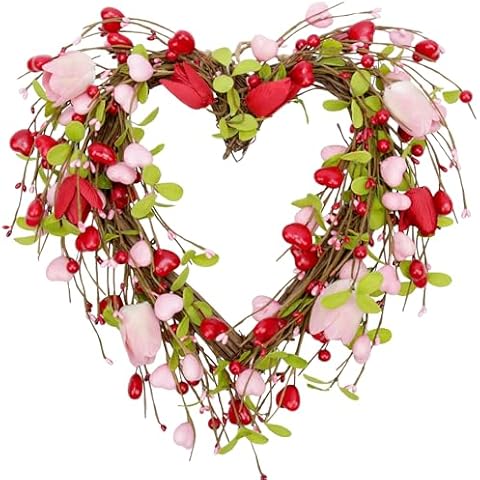 15 Inch Valentine's Day Wreath for Front Door Heart Wreaths Valentine's Day Decorations Pink Tulip Spring Wreath for Valentine's Day Gift Anniversary Wedding Home Decor Cover