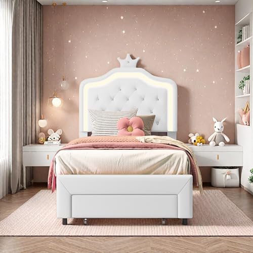 Yeutre - Cama Infantil niña 90x200 cm con LED, Cama Individual Acolchada con cabecera de Corona Ajustable y cajones, Marco de Camas 1 Persona con somier de láminas, PU Blanco (sin colchón)
