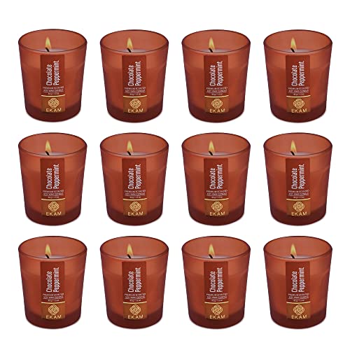 Image of EKAM Chocolate Peppermint Votive Soy Wax Scented Candle, 40 Grams, 10 Hours Burn Time| Long Lasting Premium Candles | Ideal for Home Decor | Gifting & Aromatherapy (Pack of 12)