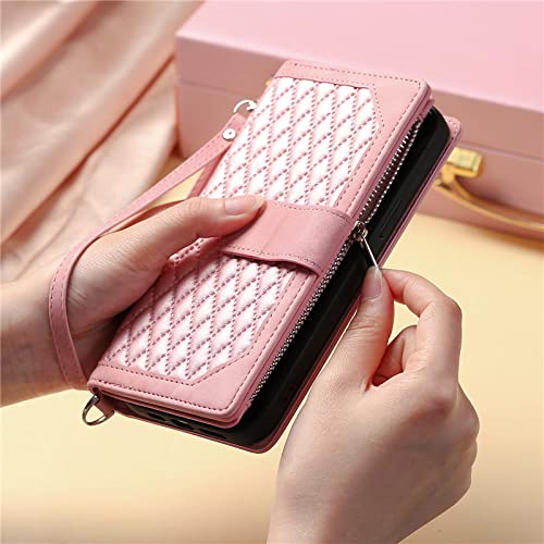 Étui cuir Redmi Note 10S anti-perte avec portefeuille zippé et lanière rose - 4