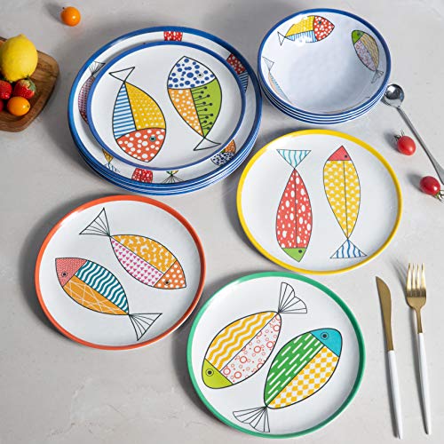 Image of Melamine Dinnerware Set for 4,12PCS Fish Plates and Bowls Sets | Coastal Dishes Great for Camper, RV, Indoors Outdoors Use with Ocean Printed, Unbreakable and Dishwasher Safe，Multicolor