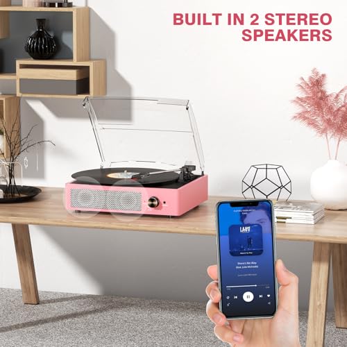 Image of Vinyl Record Player with 2 Stereo Speakers Belt-Driven Vintage Turntables 3 Speed 3 Size Wireless Bluetooth Playback AUX-in RCA Out Headphone LP Vinyl Players Auto Stop Dusty Rose