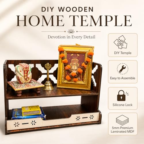 Image of Zesta Wooden Mandir for Home Big Size | DIY Pooja Mandir with LED Spot Light | Devghar Cabinet for Living Room or Office | Wall Mounted Pooja Unit for Home (Double Step)