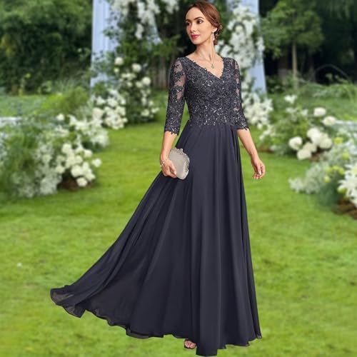 A line V Neck Floor Length Lace Chiffon Mother of The Bride Dress with Sequins Wedding Guest Dresses for Mom4