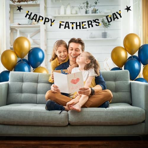 Image of Happy Father's Day Glitter Black Beer Bunting Banner for Dad Father's Party Decorations Backdrop Garland for Father's Day (Black Gold Star)