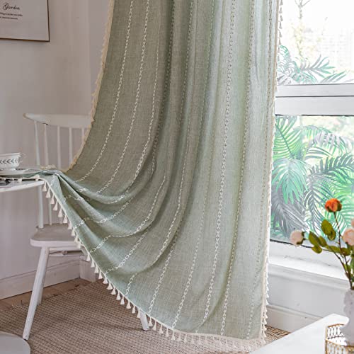 RoomTalks Sage Green Modern Farmhouse Textured Curtains for Bedroom Living Room 63 Inch Length Light Filtering French Country Boho Chic Tassel Window...