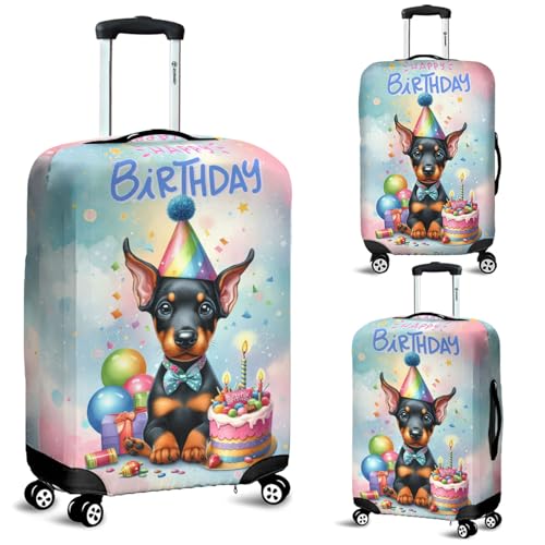 Personalized Custom Name Happy Birthday Cute Puppy Doberman Pinscher with Cake Gifts Party Hat Travel Luggage Cover Doberman Dog Lover Gifts Suitcase Dust Protective Decor - 000292