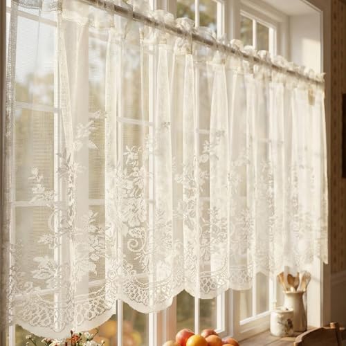Molaxhome Kitchen Curtains Valance Beige Lace Floral Semi Sheer Curtain