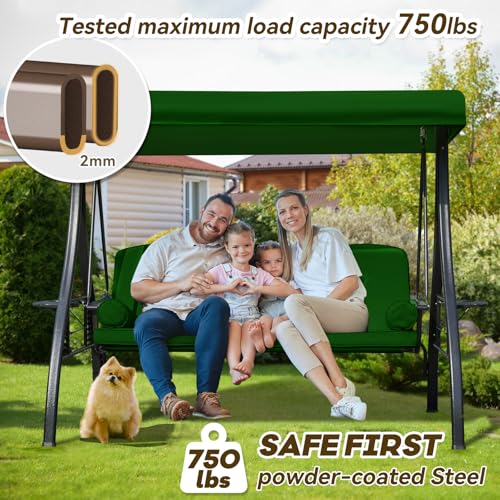 Image of 3 in 1 Outdoor Porch Swing with Adjustable Canopy, 3 Seat Outdoor Swing for Adults, Patio Swing Chair with Thickened Cushions,Pillows & Cup Holders for Backyard, Porch, Garden (Green)