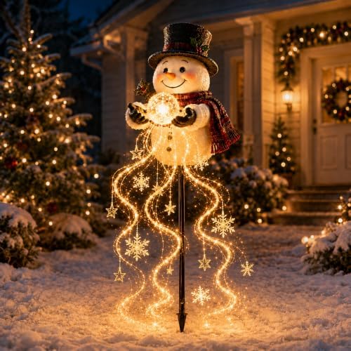 Santa's Flying Sleigh Solar Christmas Garden Light, Warm Golden Cascade with Gifts Stars and Snowflakes, Auto Charging Outdoor Holiday Ornament for Lawn Pathway Porch and Yard Display，Snowman