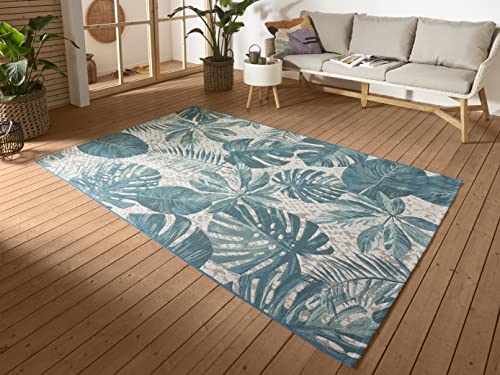 HANSE Home Tropical Leaves - Alfombra para Interiores y Exteriores, Tejido Plano, diseño de Hojas de Palmera, Certificado Öko-Tex Resistente a la Intemperie y a los Rayos UV, para balcón, terraza,