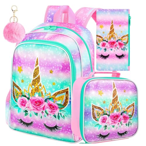 Image of CCJPX 3PCS Unicorn Backpack for Girls, 16 inchKids Bookbag with Lunch Box, Cute Water Resistant Elementary School Bag for Kindergarten Preschool Toddler