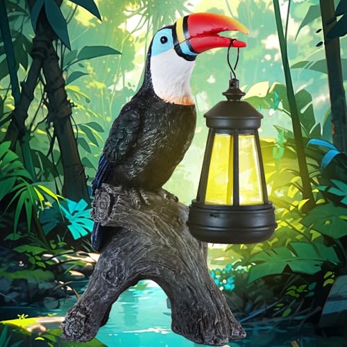 Spring Toucan Garden Statues Decor, Solar Waterproof 9.5' Colorful Tropical Bird Sculpture with LED Lights Funny Garden Outdoor Exotic Bird Sculpture Decoration for Lawn Porch Yard Patio Tiki Bar