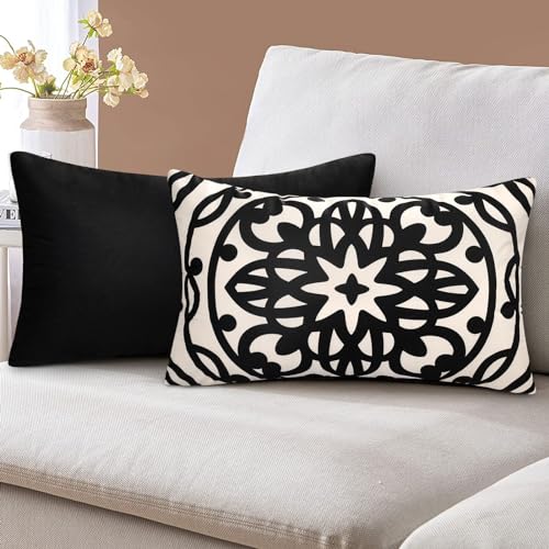 Lot de 2 Housse de Coussin 30x50cm Housses de Coussin en Super Doux Taie d'oreiller Mandala Modèle Noir Housse de Coussin Moderne Housses de Coussins pour...
