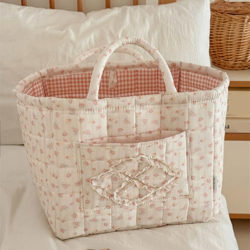 Image of Quilted Fabric Basket Foldable Car Storage Boho Floral Laundry Basket Hamper for Nursery Bedroom & Living Room | Organize Clothes Toys (Beige Floral)