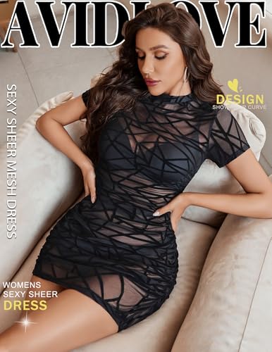 Image of Avidlove Women's Mesh Dress Sheer Lingerie Dresses Mock Neck Party Clubwear
