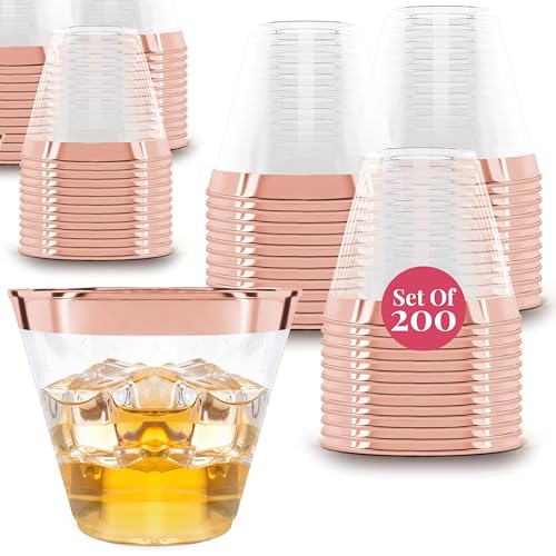 Prestee 200 copas de plástico de color oro rosa | 255 ml | copas de vino de plástico | copas de cóctel | vasos de plástico | vasos de fiesta | copas de boda | vasos