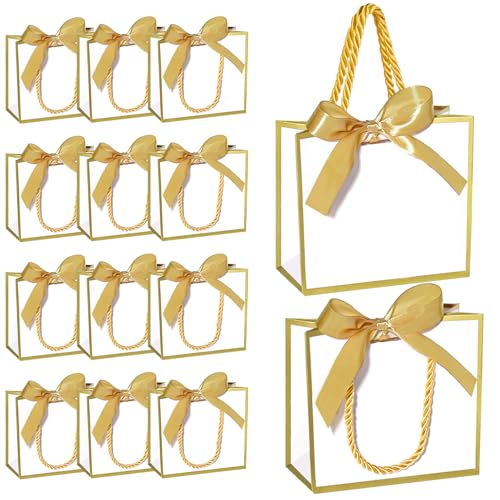 EQOREIIN Small Thank You Gift Bags 50pcs 5.5x2.5x4.7 Inches Small Gift Bags with Handles Bow Ribbon White Paper Bags for Party Favor, Mother's Day，Valentine's Day, Wedding, Baby Shower (White)