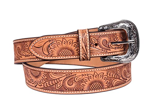 Tooled Genuine Leather Sunflower Design Western Belt With Removeable Buckle 30WE0014
