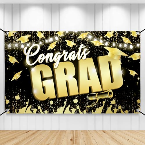 Image of KatchOn, Congrats Grad Backdrop - XtraLarge, 72x44 Inch | Black and Gold Graduation Backdrop 2026 for 2026 Graduation Decorations | Congrats Grad Banner, 2026 Graduation Party Decorations