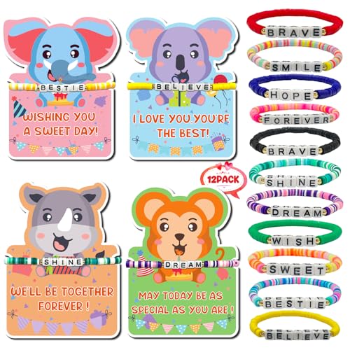 12Pcs Friendship Clay Beaded Bracelets Bulk with Birthday Cards Letter Inspirational Stretch Bracelet Adjustable Colorful Bracelet Y2K Summer Beach Elastic Bracelets for Women Girls Teens Party Favors