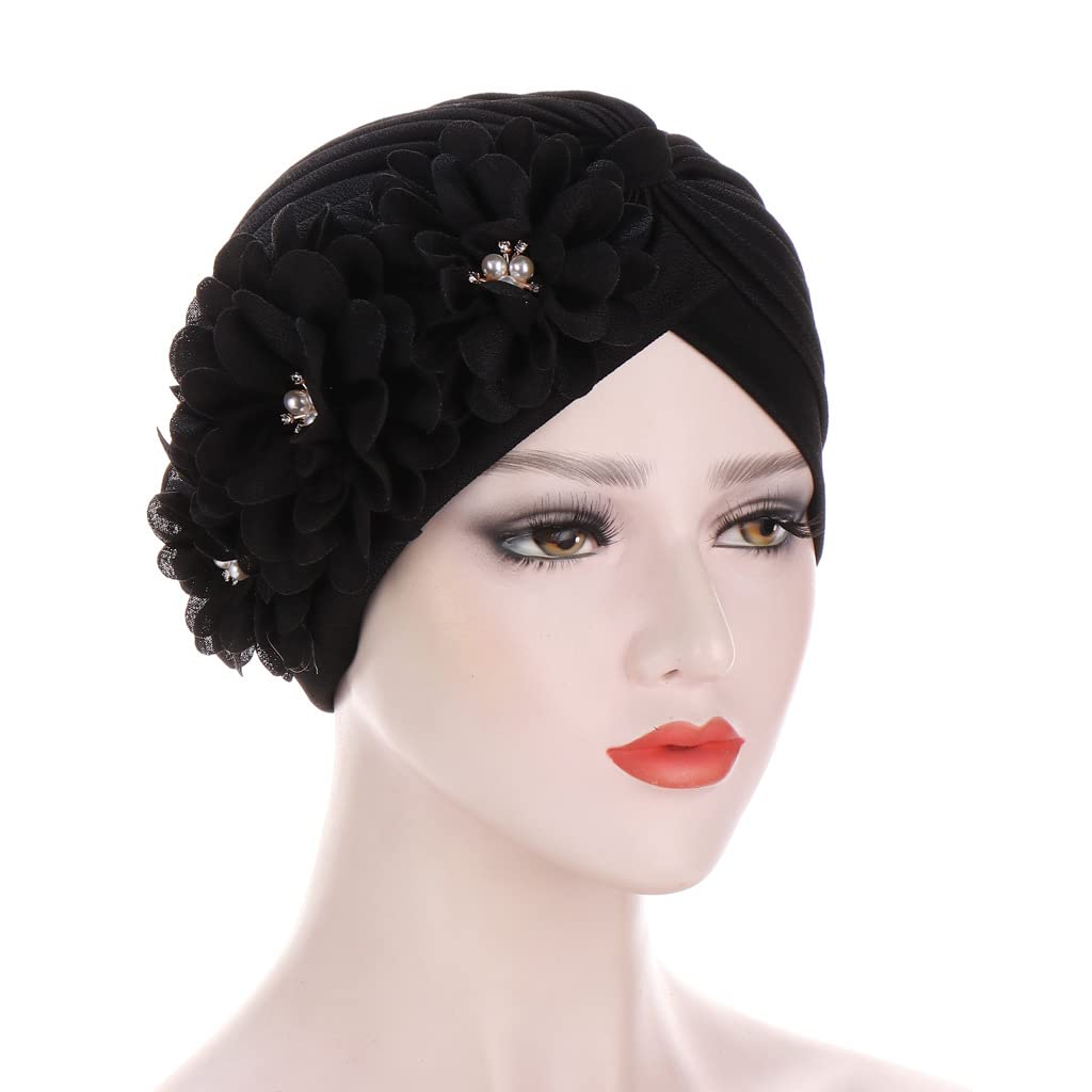 YYAOJHAO Women Flower Turban Hats - Ruffle Pre Tied Headwrap Caps Chemo Beanies Hijab Headscarf for Cancer Patient Hair Loss Black