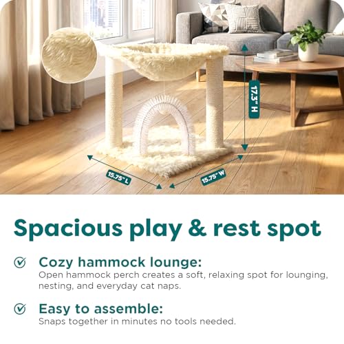 Image of FurHaven 17.3 inch Tall Cat Scratching Post Tower for Indoor Cats, Sisal Cat Tree, Tiger Tough Hammock Interactive Playground, Toys & Perches for Cats, Sisal, Cream