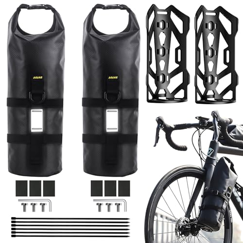 ENLEE 2pcs Bike Fork Bag with Multipurpose Cage, 5L Waterproof Dry Bike Bags for Bicycles Lightweight Portable Roll Top Design Bike Packing Fork Bags for MTB, Road, Gravel, Folding Bikes Touring