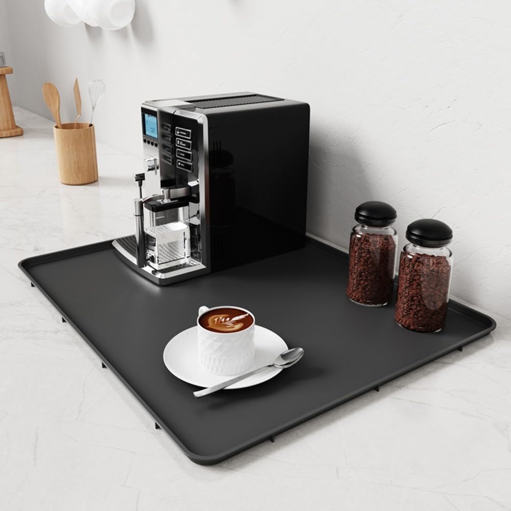Tappetino in silicone per macchina da caffè, 40 x 50 cm, antiscivolo, con bordi rialzati, impilabile, resistente al calore, per piano di lavoro (nero)