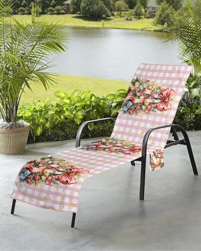 Christmas Beach Chair Towel Covers for Chaise Lounge with Side Pocket, Soft Plush Pool Towels Cover for Patio Sunbathing Outdoor 29''x85'' Bow Xmas Tree Golden Snowflake Plaid