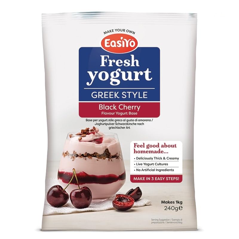 EasiYo Joghurt nach griechischer Art mit Schwarzkirschegeschmack, 8 Beutel | Jeder Beutel ergibt 1 kg Joghurt
