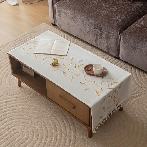 Housse de table basse avec pompons - Nappe en coton lin imperméable, chemin de table rectangulaire brodé moderne minimaliste rustique protection...