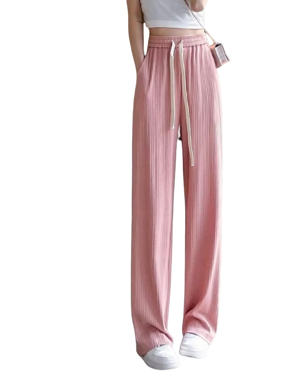 Womens Striped Wide Leg Pants with Drawstring Suitable for Casual and Autumn wear