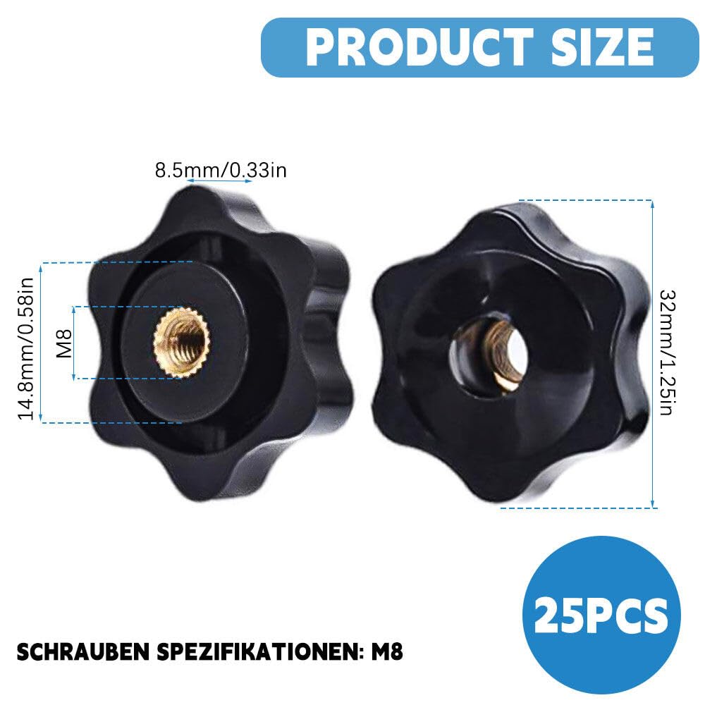 25 Pezzi Stella Testa Serraggio Dadi,Dado Di Serraggio Nero Manopola di bloccaggio con filettatura femmina dado in plastica nera M8 per attrezzature industriali per macchinari-32mm